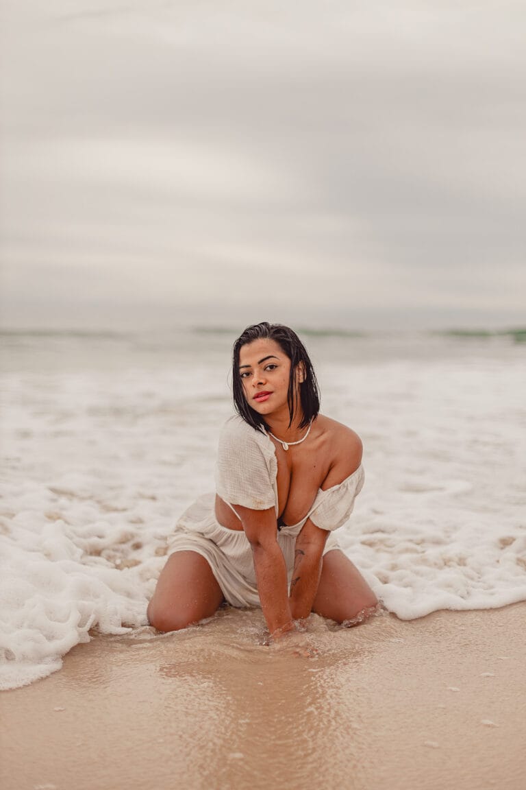 Beach portrait in the surf - gentle ocean light and white dress, Gold Coast