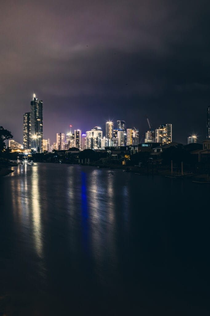 Surfers Paradise skyline at night reflected on the water, Gold Coast