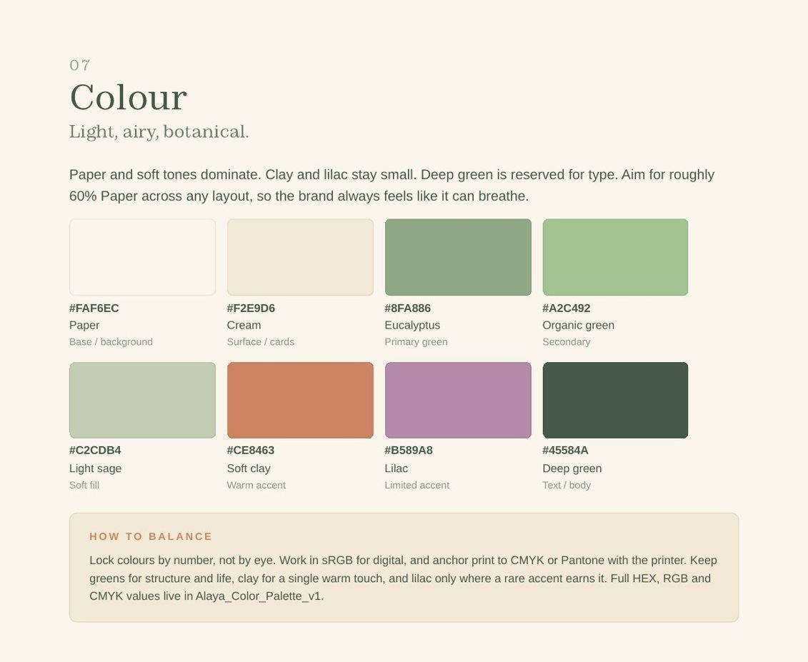 Colour section of the Alaya Body brand guidelines with the full palette