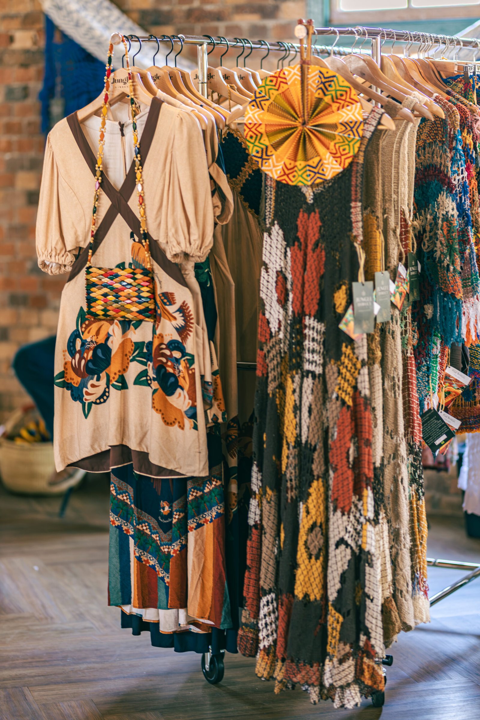 Rack of printed Brazilian pieces at Brazil Week Fashion Day, Brisbane